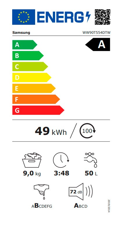 Etiqueta de Eficiencia Energética - WW90T554DTW/S3