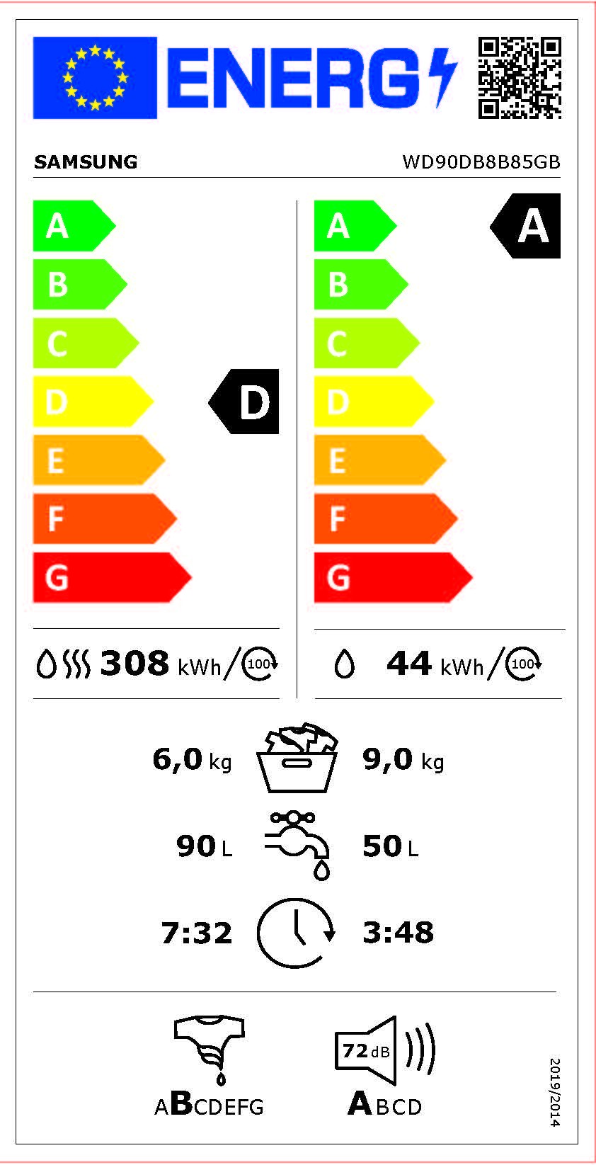 Etiqueta de Eficiencia Energética - WD90DB8B85GBU3